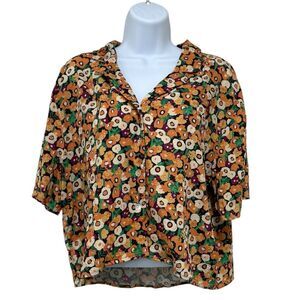 Taylor Tillman New York Floral Button Front Blouse Retro Print Top L Large